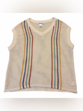 Pride Rainbow Striped Open Knit Sweater Vest Crochet Boho Unisex XS (007)